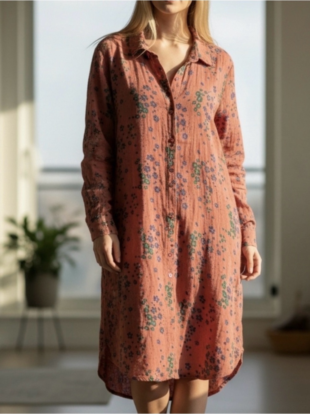 NATURAL LIFE Coral Floral Long-Sleeve Button Shirt Dress Soft Comfy Cotton